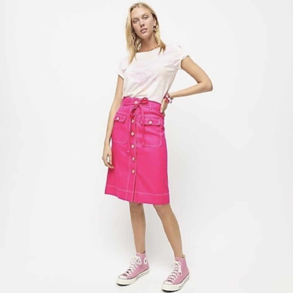 J Crew Button up skirt with removable belt in stretch linen/ Bright Red/Size 14